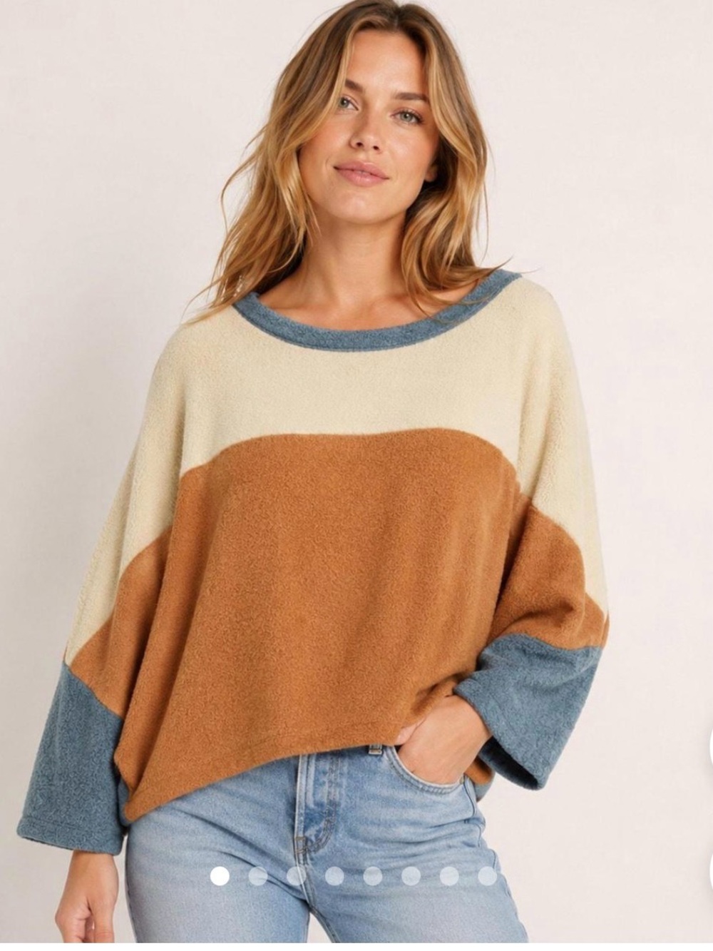 Free People Colorblock Crewneck Sweater in Cream, Camel & Dusty Blue